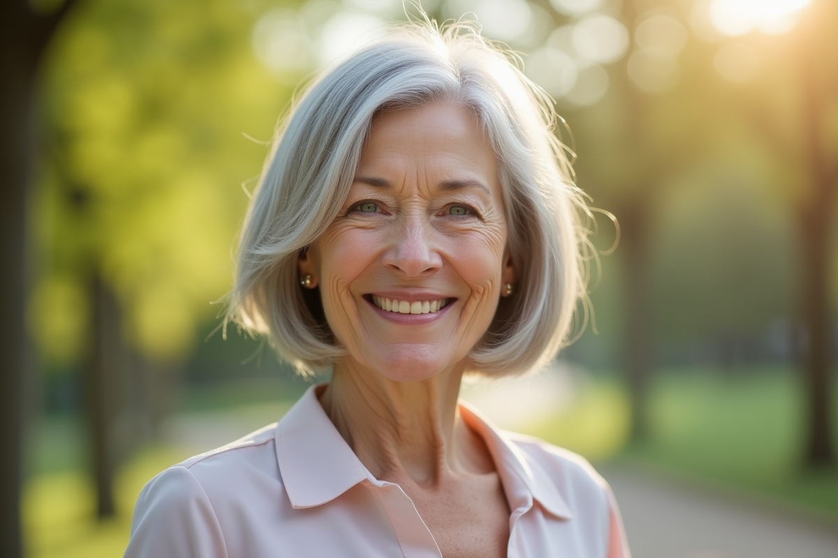 Femme senior souriante dans un parc en plein air