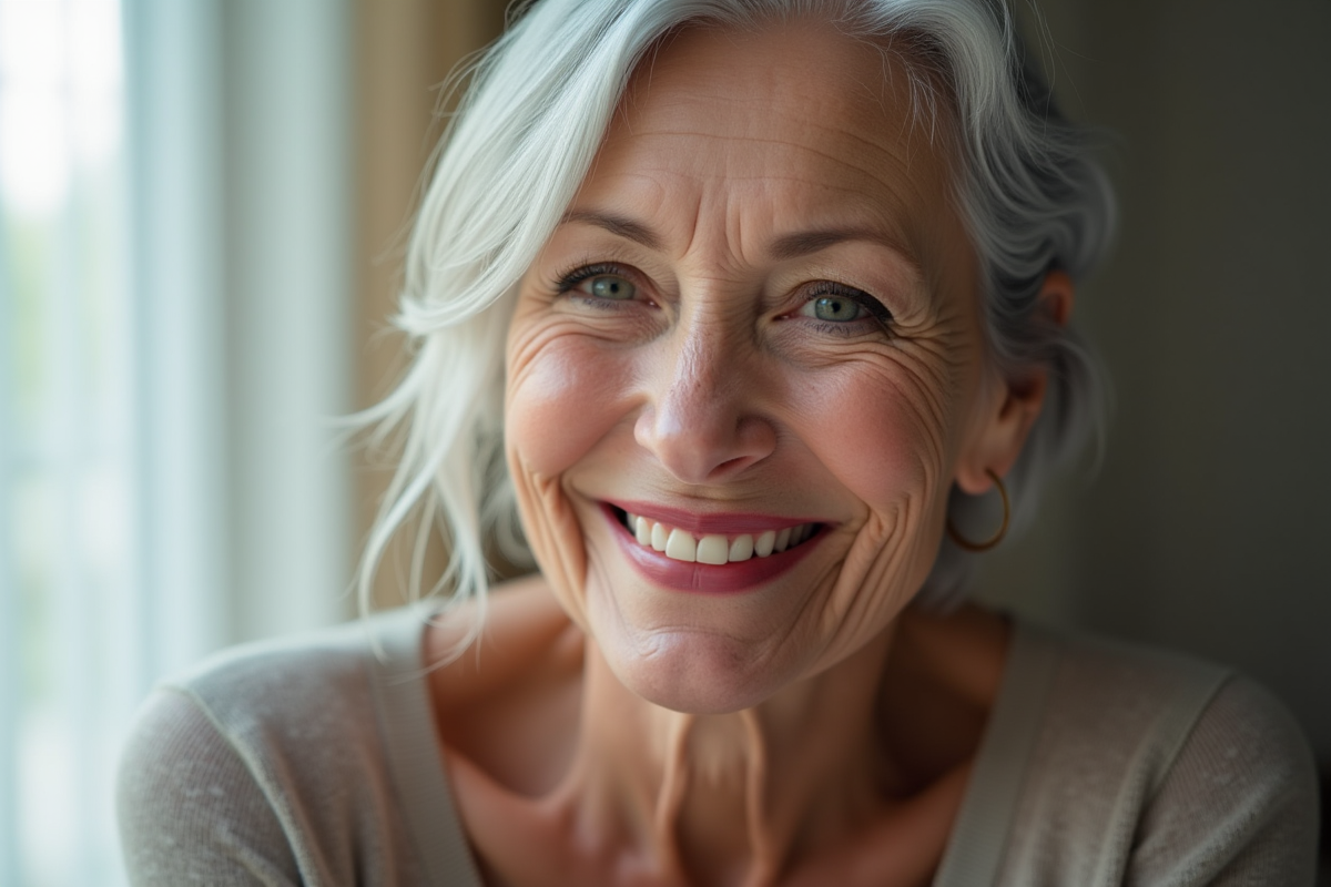 Femme senior souriante avec cheveux argentés naturels