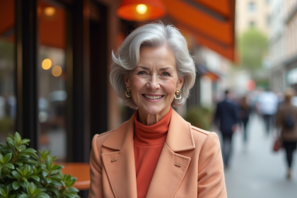Femme élégante de 60 ans souriante dehors d'un café citadin
