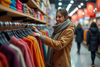 Jeune femme souriante dans un magasin en soldes