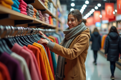 Jeune femme souriante dans un magasin en soldes