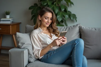 Jeune femme utilisant son smartphone dans un salon moderne
