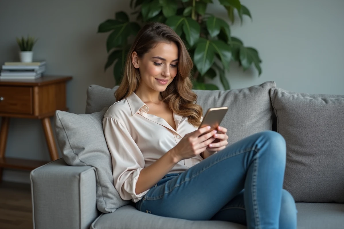 Jeune femme utilisant son smartphone dans un salon moderne
