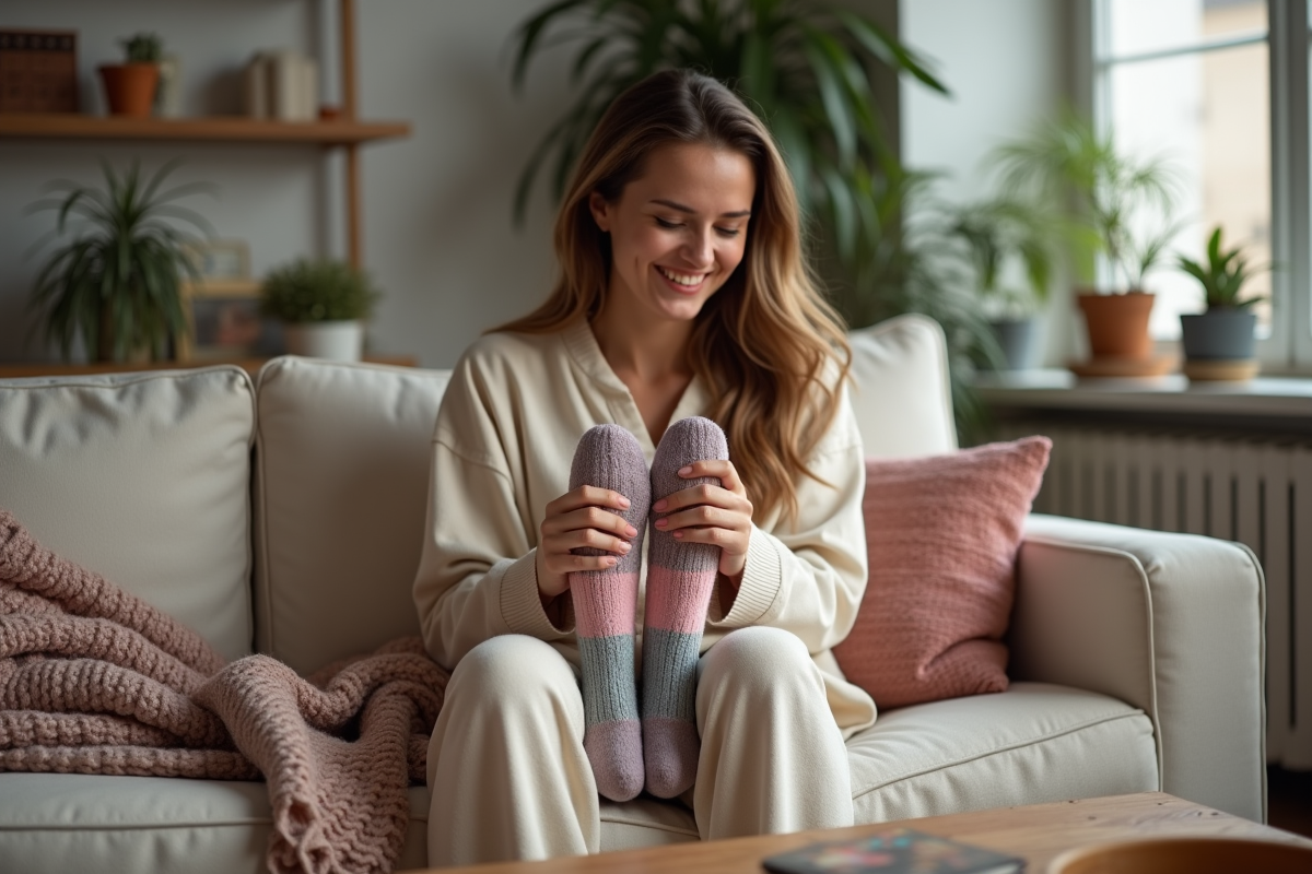 Jeune femme souriante en loungewear avec chaussettes colorées