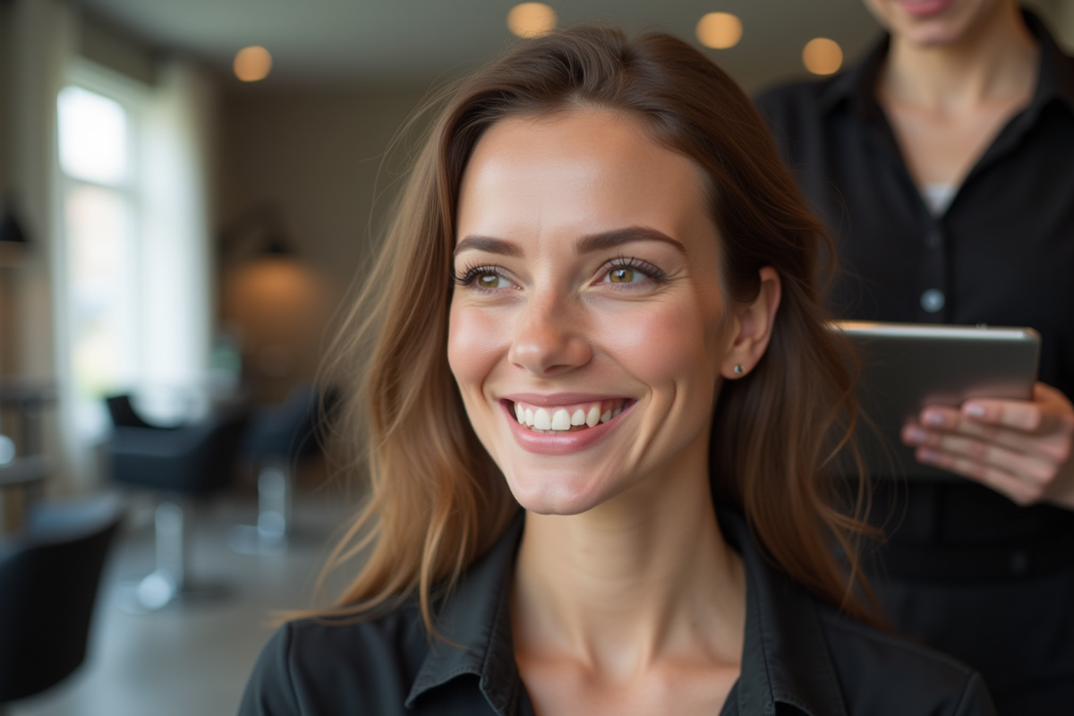 Femme souriante avec coiffure dans un salon moderne