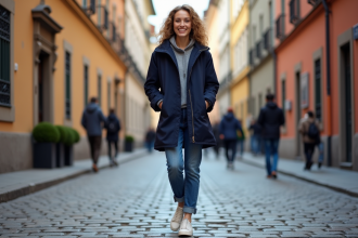 Femme souriante dans la rue pavée de Stockholm