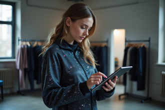 Femme élégante portant une veste numérique dans un studio de mode
