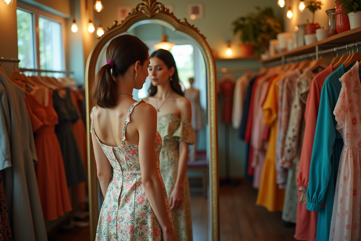 Femme essayant une robe vintage dans une boutique rétro lumineuse