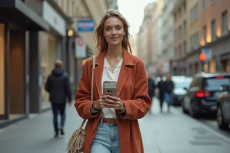 Jeune femme urbaine portant un smartphone avec coque à cordon en tissu dans une rue animée de la ville