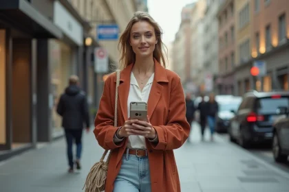 Jeune femme urbaine portant un smartphone avec coque à cordon en tissu dans une rue animée de la ville