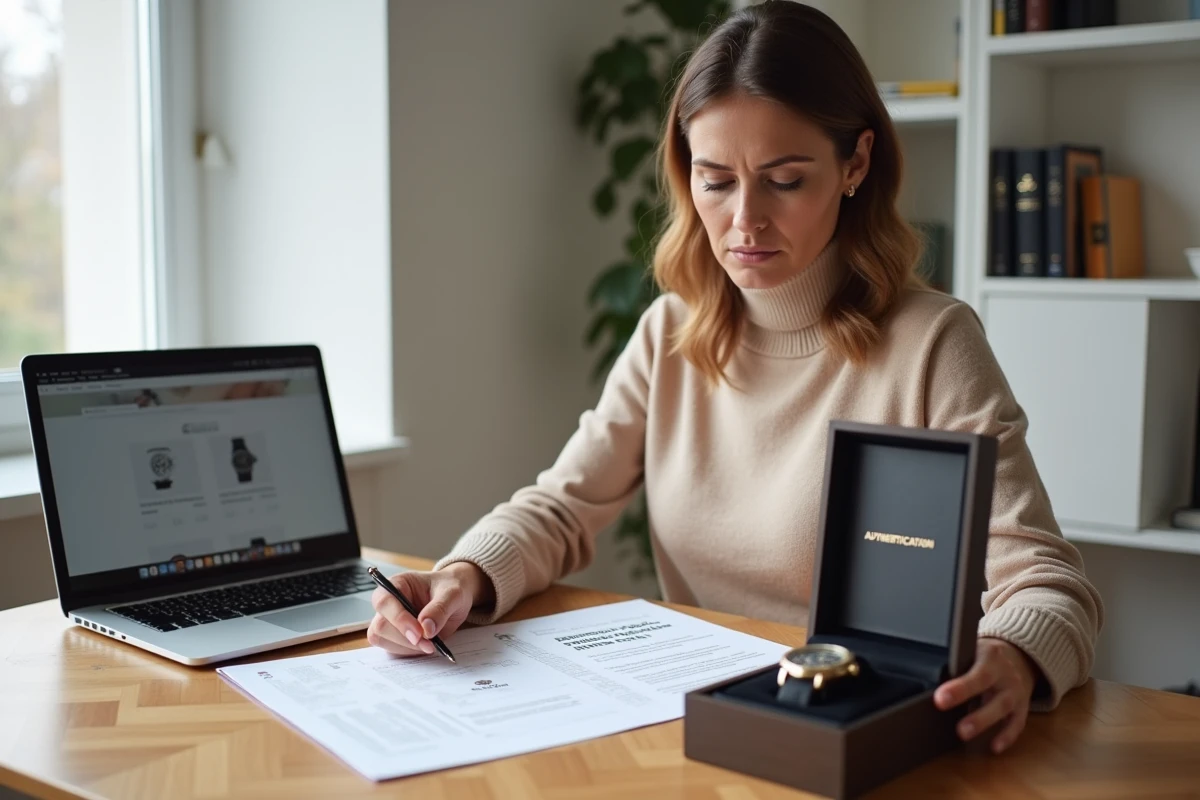 Une femme consulte attentivement un certificat d'authenticité et un catalogue de montres de luxe avant un achat important, entourée de documents et d'une montre dans son écrin