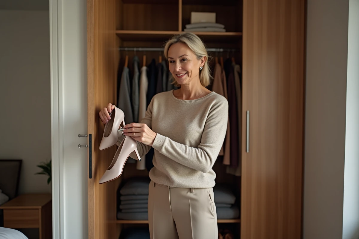 Femme vérifiant la taille des chaussures dans sa garde robe