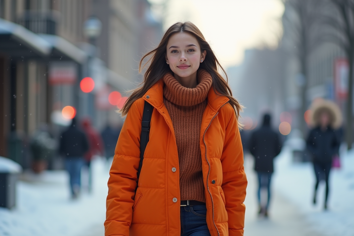 Jeune femme mode marche dans la ville enneigee hiver 2025