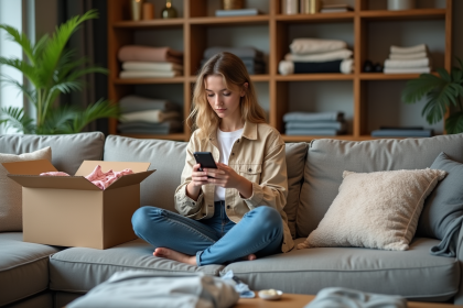 Femme fashionista en intérieur avec vêtements vintage et modernes