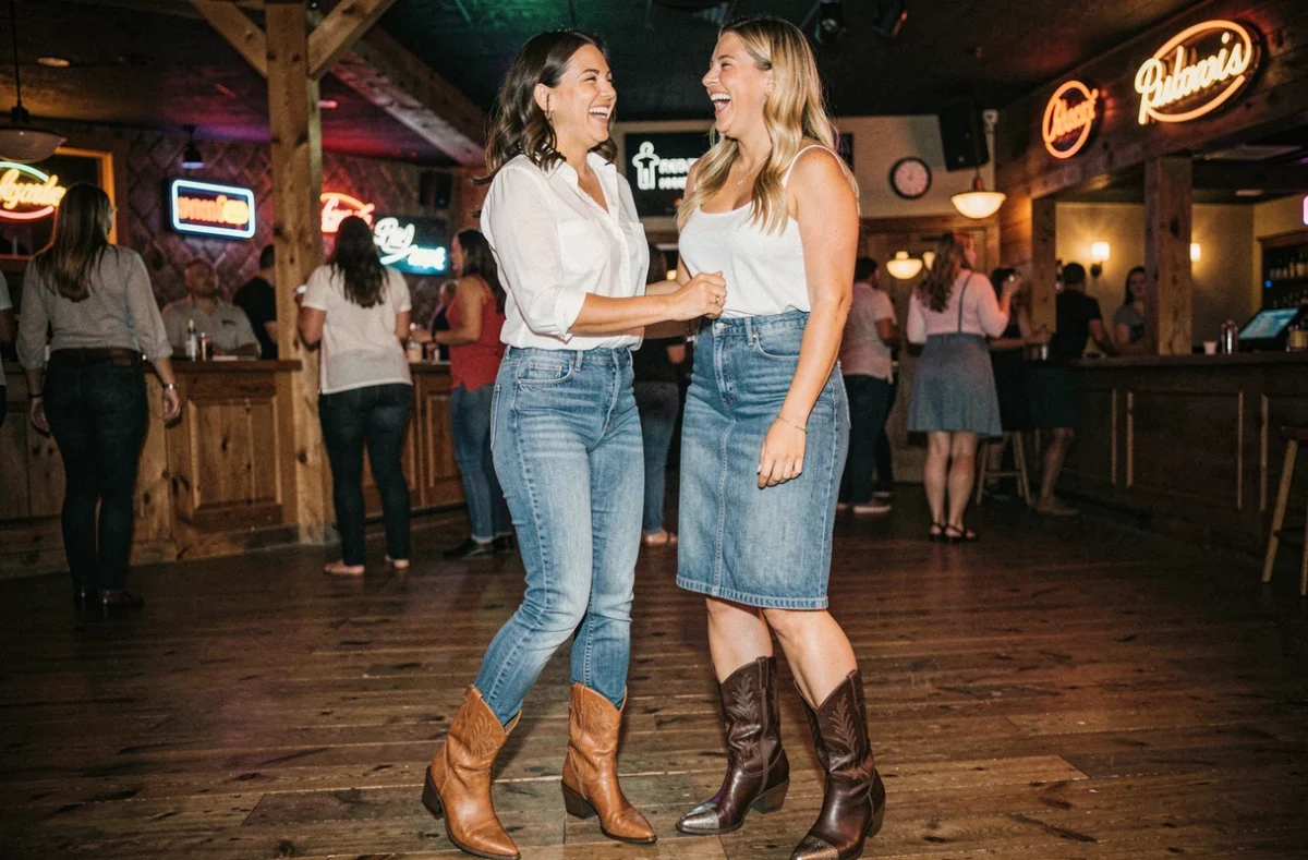 Deux femmes en bottines cowboy cognac et marron riant ensemble lors d'une soirée danse country en salle