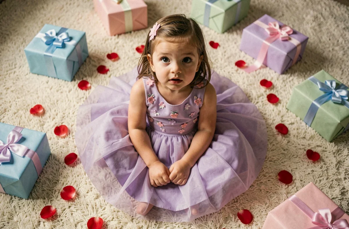 Fillette de 3 ans en robe princesse lavande assise entourée de cadeaux pour son anniversaire à domicile