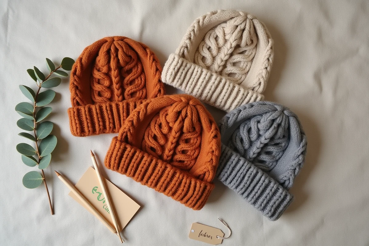 Flat-lay de bonnets écoresponsables en fibres naturelles et recyclées avec certification textile sur fond de lin brut