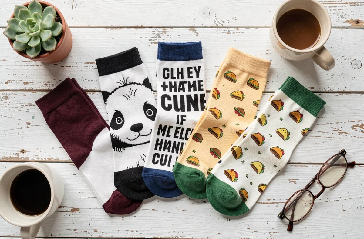 Flat lay de cinq paires de chaussettes humoristiques pour femme avec motifs animaliers et messages décalés sur bois blanc