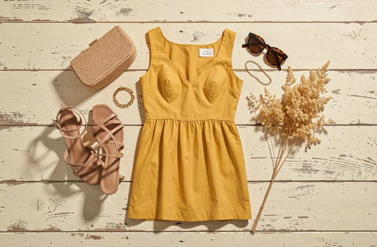 Flat lay d'une robe d'été jaune avec accessoires assortis : sandales nude, pochette en paille, lunettes écailles et collier doré