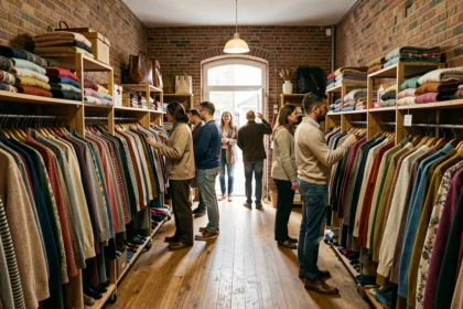 Intérieur d'une friperie animée dans le Val-de-Marne avec des racks de vêtements vintage colorés et des clients en train de fouiller les rayons
