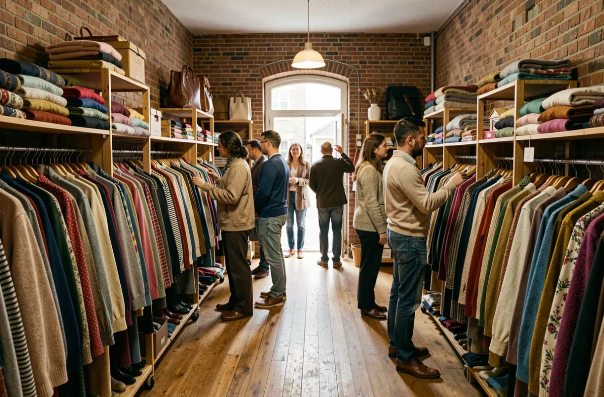 Intérieur d'une friperie animée dans le Val-de-Marne avec des racks de vêtements vintage colorés et des clients en train de fouiller les rayons