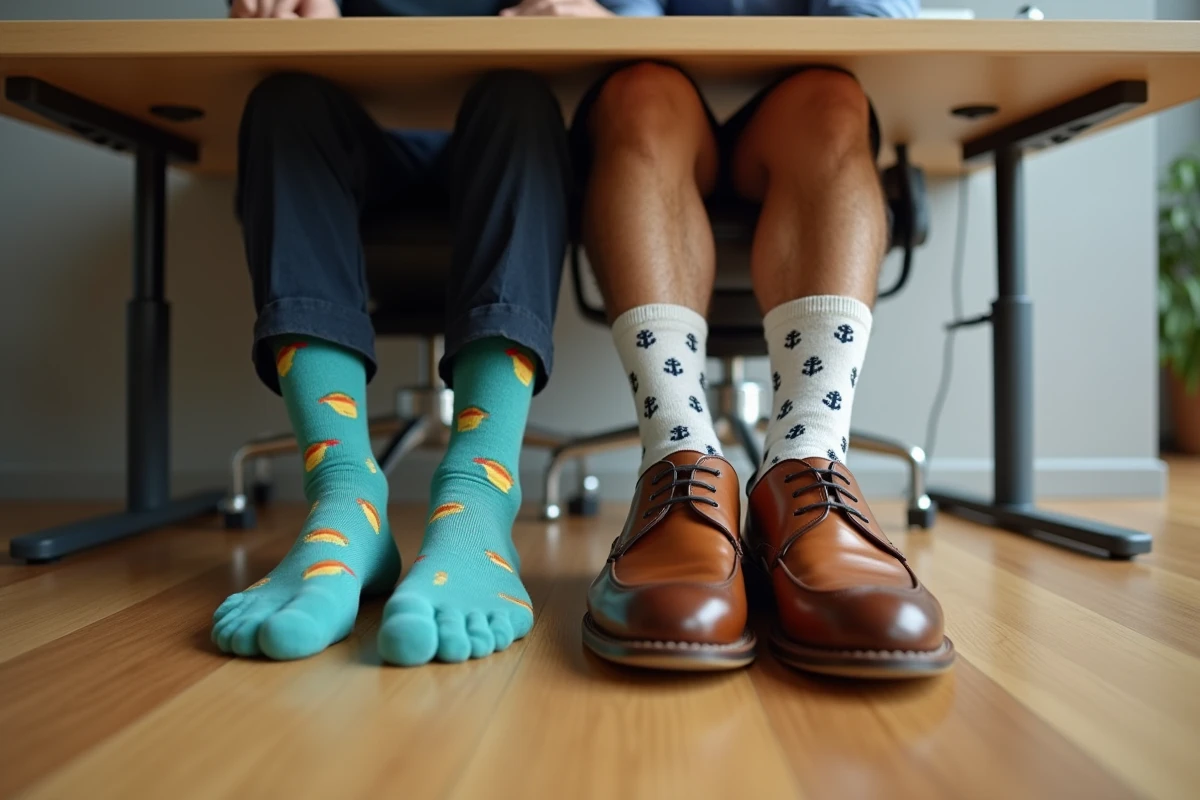 Gros plan sur deux paires de chaussettes fantaisie colorées portées sous un bureau en bois dans un espace de coworking