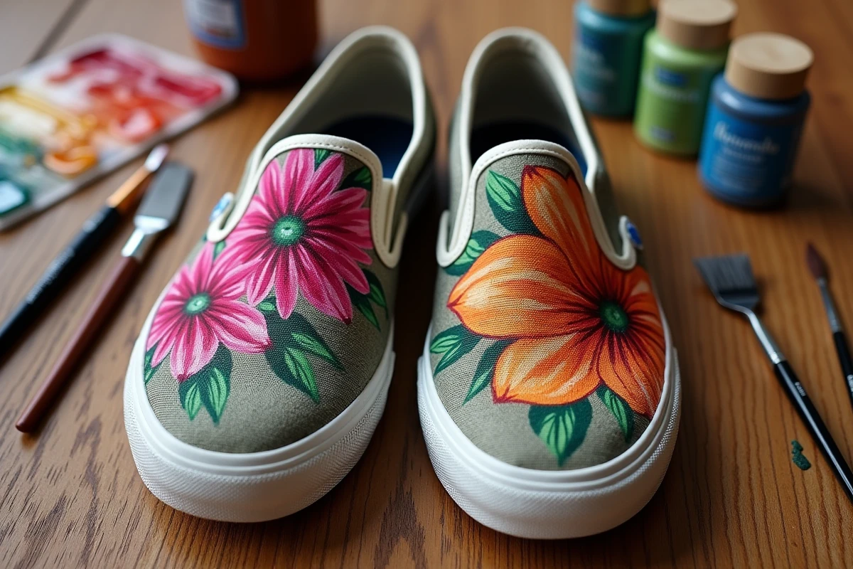 Gros plan de chaussures en toile peintes avec des motifs floraux colorés et des couches de peinture acrylique bien visibles