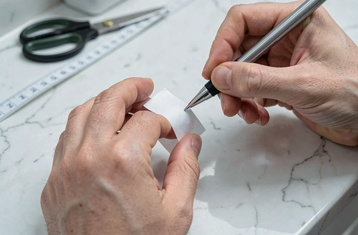 Gros plan de mains mesurant un doigt avec une bandelette de papier et un stylo sur un comptoir en marbre