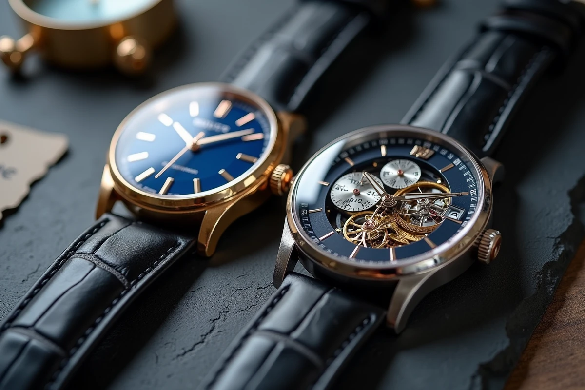 Gros plan sur deux montres de luxe posées sur une surface en ardoise, mettant en valeur leur finition horlogère exceptionnelle et leur prix élevé