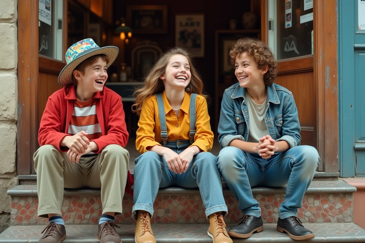 Groupe dados vintage souriant devant un magasin rétro