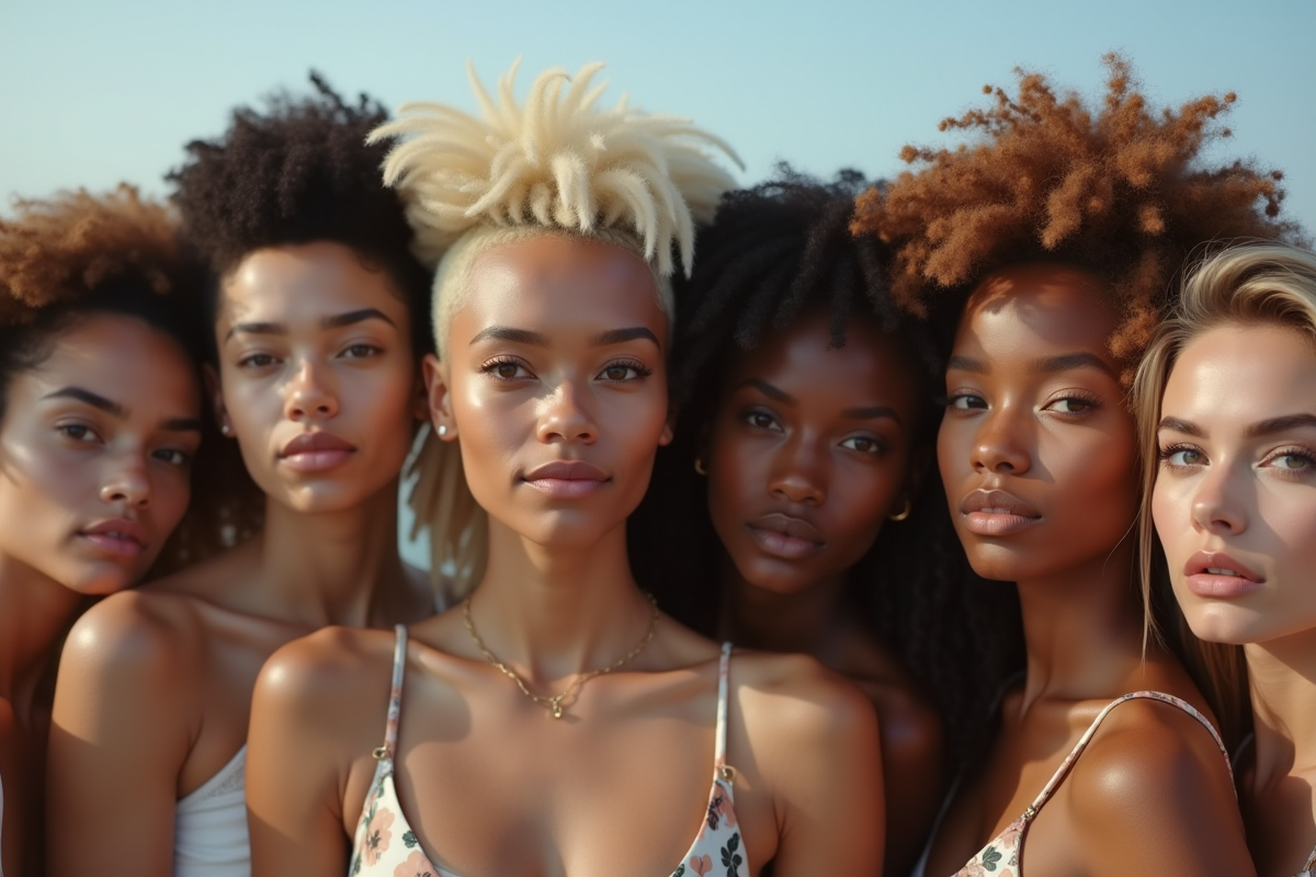 Groupe divers avec styles de cheveux en extérieur