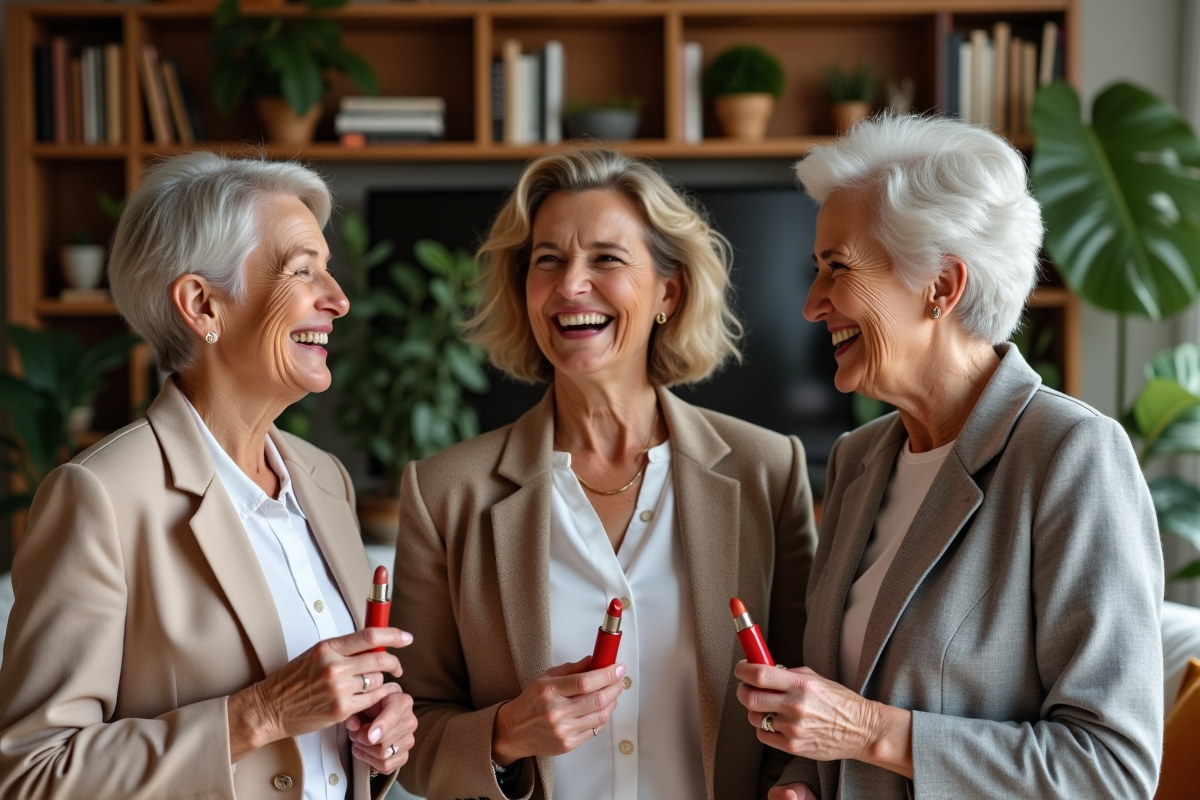 Trois femmes âgées rient avec des rouges à lèvres