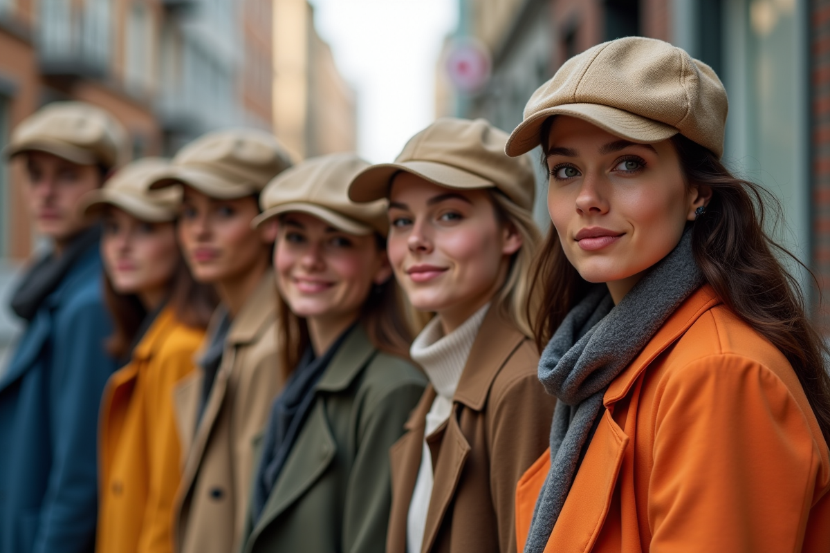 Groupe de personnes portant la même casquette beige en ville