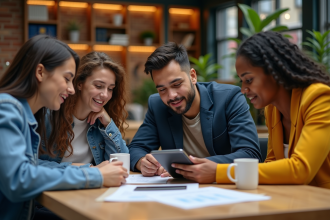 Jeunes adultes en coworking discutant autour d'une tablette