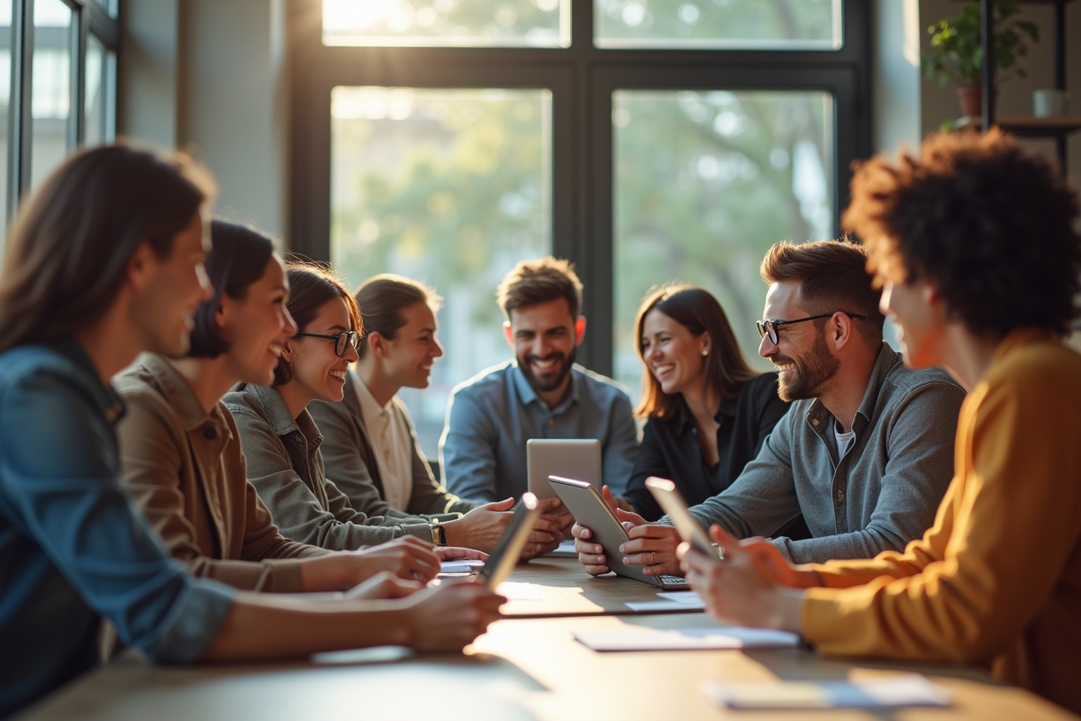 Groupe diversifié travaillant avec des tablettes dans un bureau lumineux