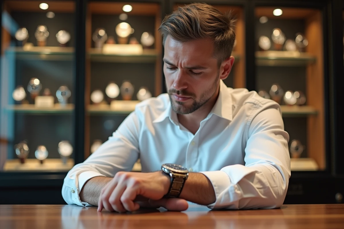 Homme en chemise blanche examinant une Rolex Datejust dans une boutique de montres de luxe agréée