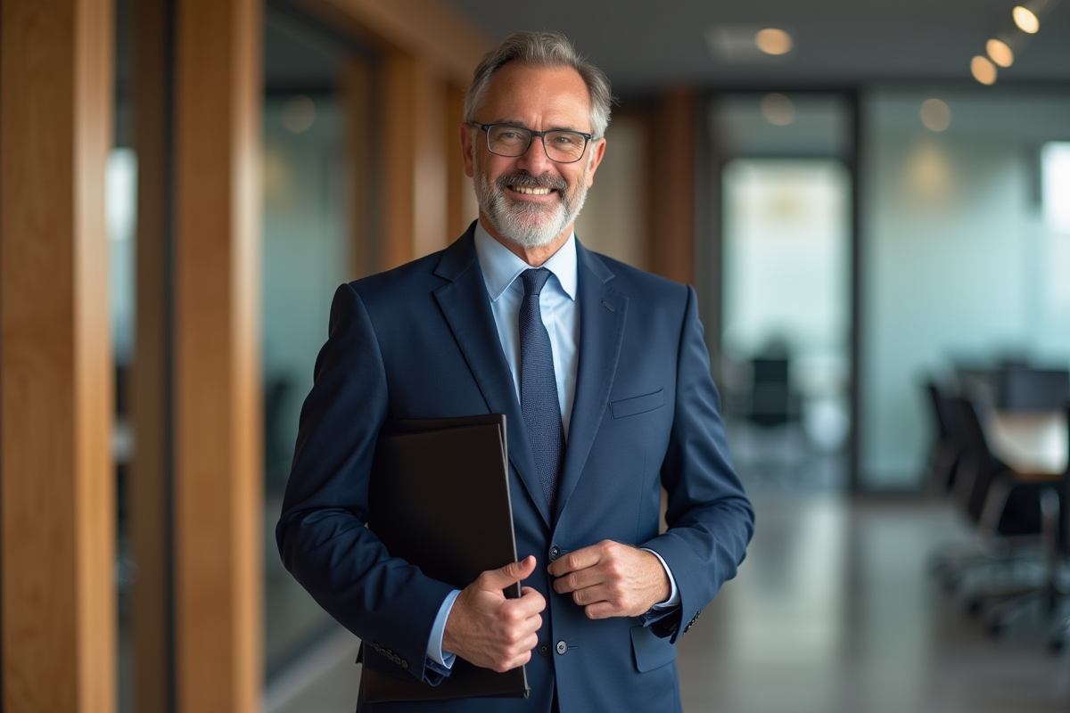 Homme d'affaires confiant en costume bleu marine