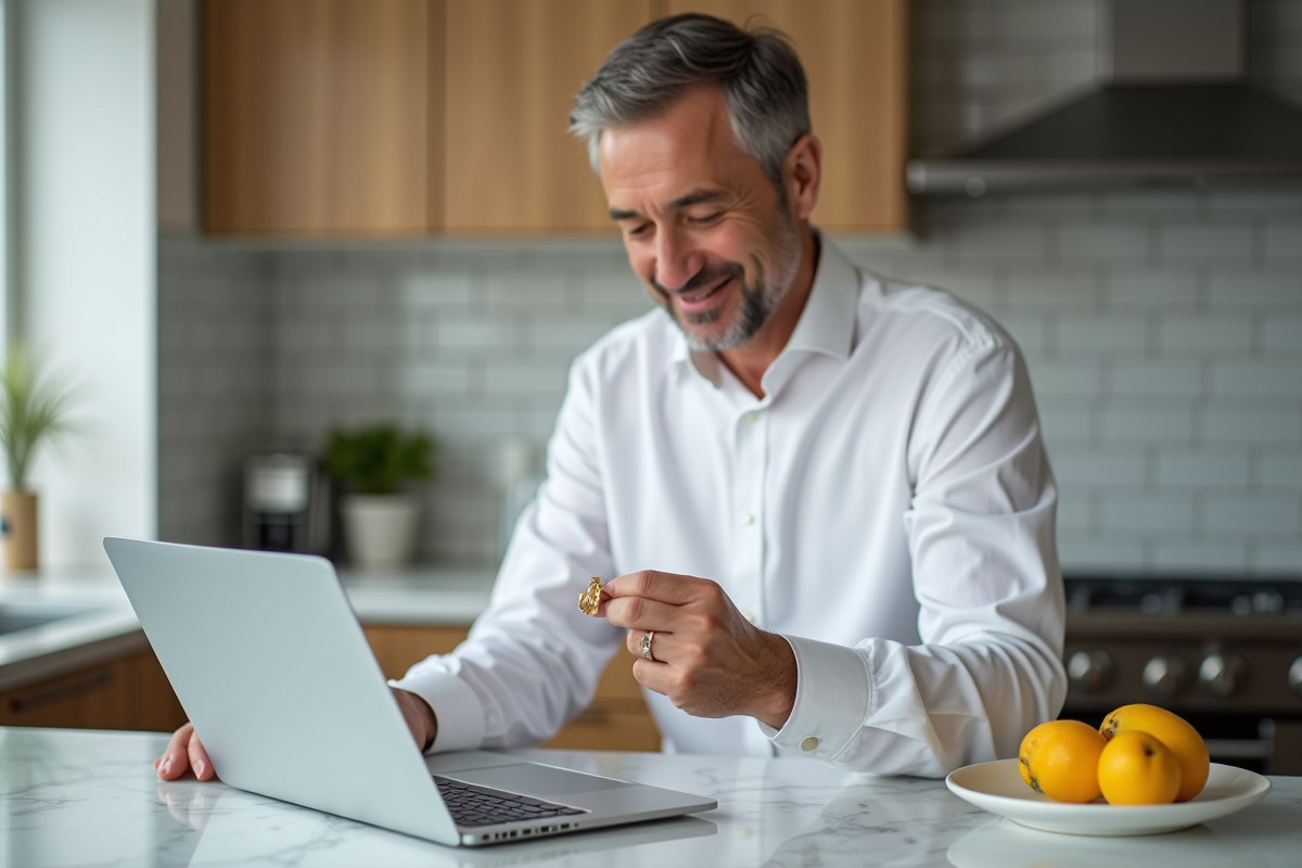Homme comparant un anneau en or avec une carte de taille