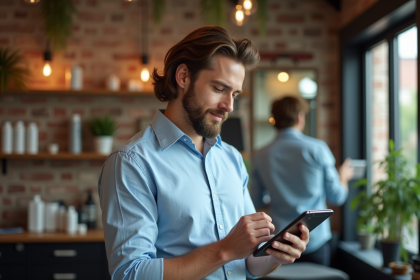 Homme regardant son reflet avec une tablette dans un barbershop moderne