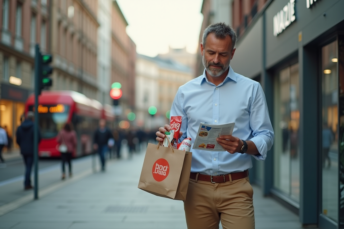 Homme avec sac de produits et leaflet dans une rue urbaine