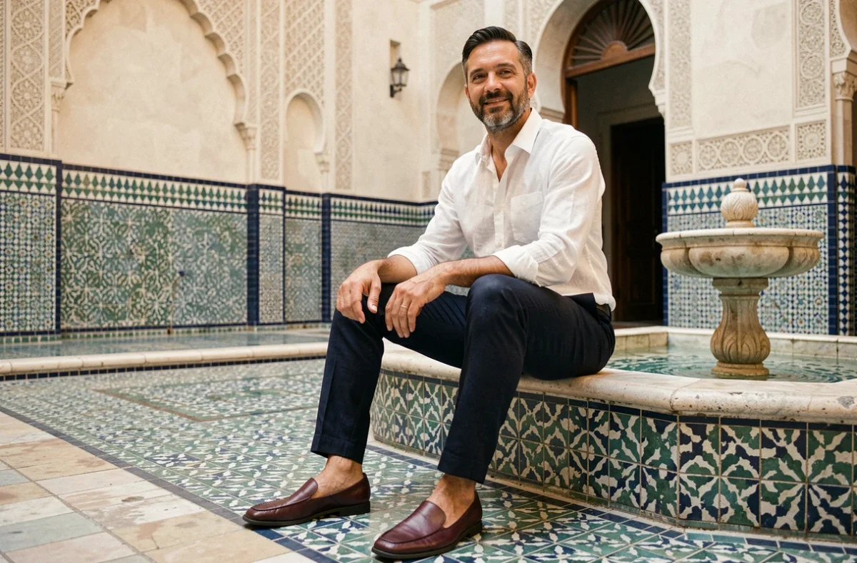 Homme marocain élégant en lin portant des babouches en cuir bordeaux dans la cour d'un riad traditionnel
