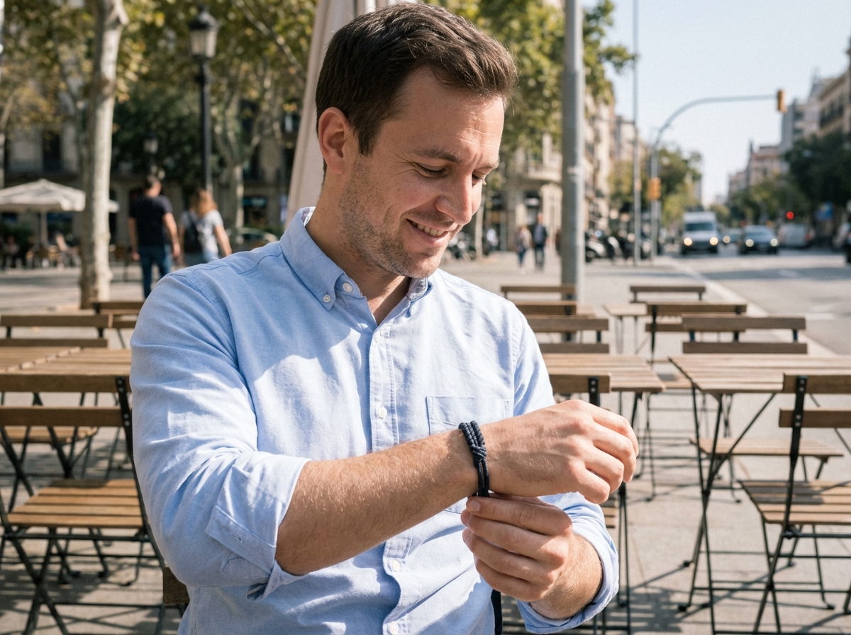 Homme ajustant un bracelet en cordon dans un café en plein air