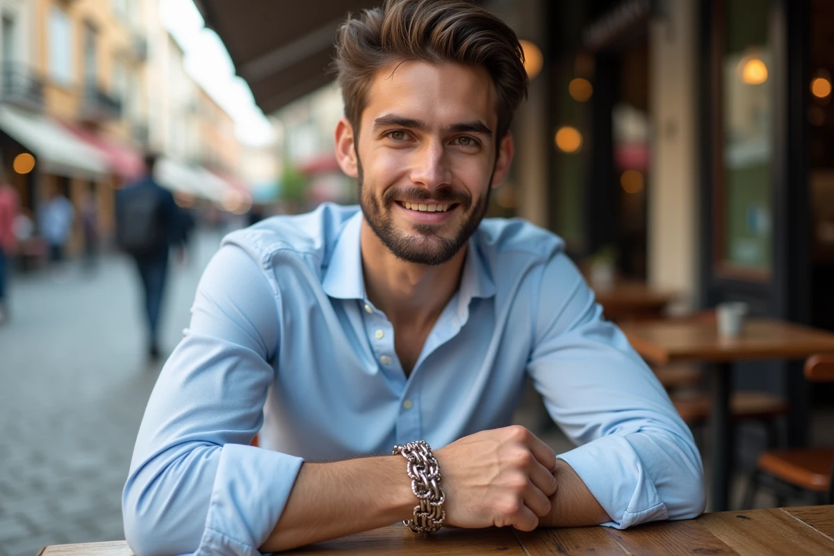 Homme ajustant un bracelet cha&icirc;ne au caf&eacute; en ext&eacute;rieur