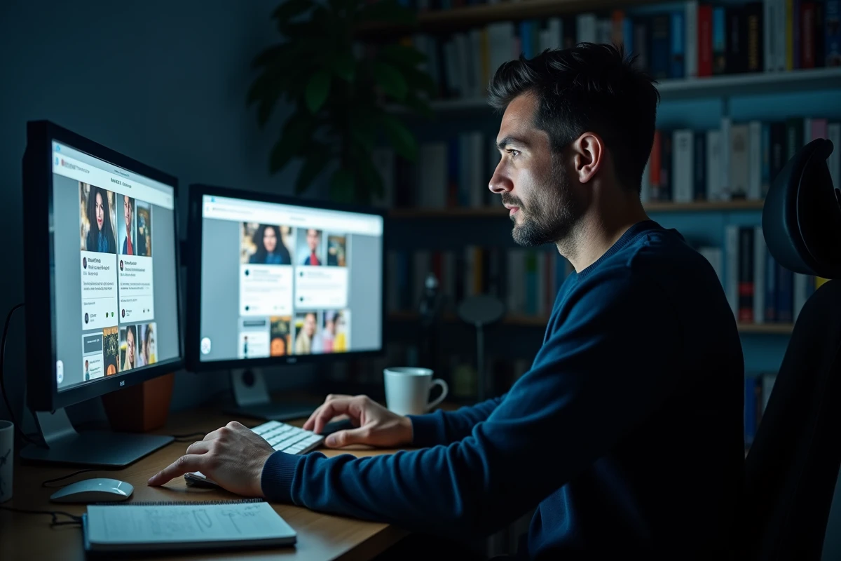 Homme dans un bureau à domicile face à des écrans affichant des profils anonymisés et des contenus viraux, évoquant le buzz autour du phénomène du visage ziak