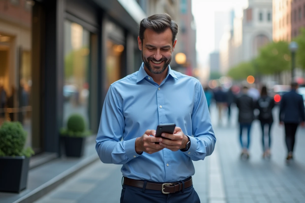 Homme d affaires regardant son smartphone en ville