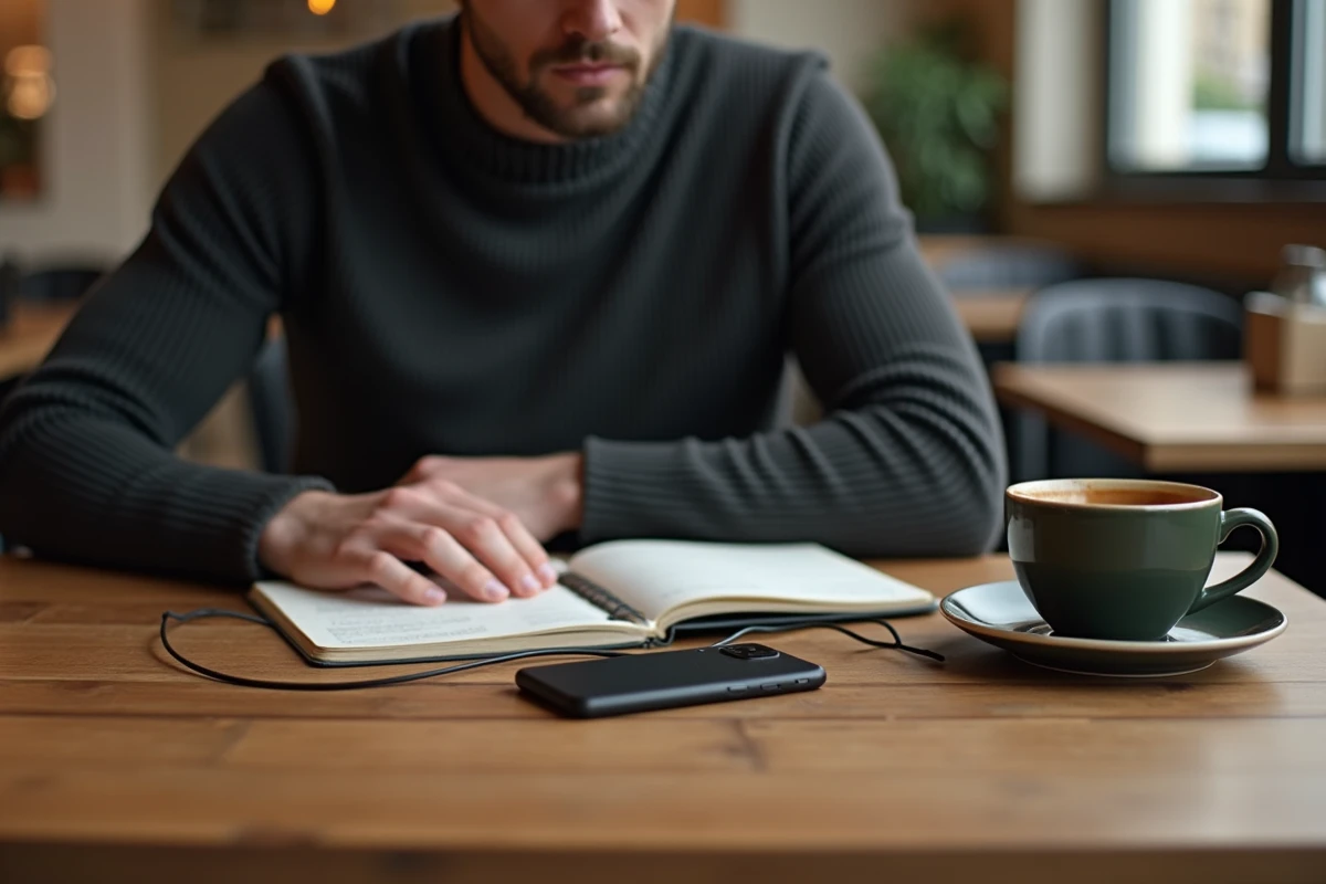 Homme assis dans un café parisien avec son smartphone équipé d'une coque en cuir avec cordon ajustable