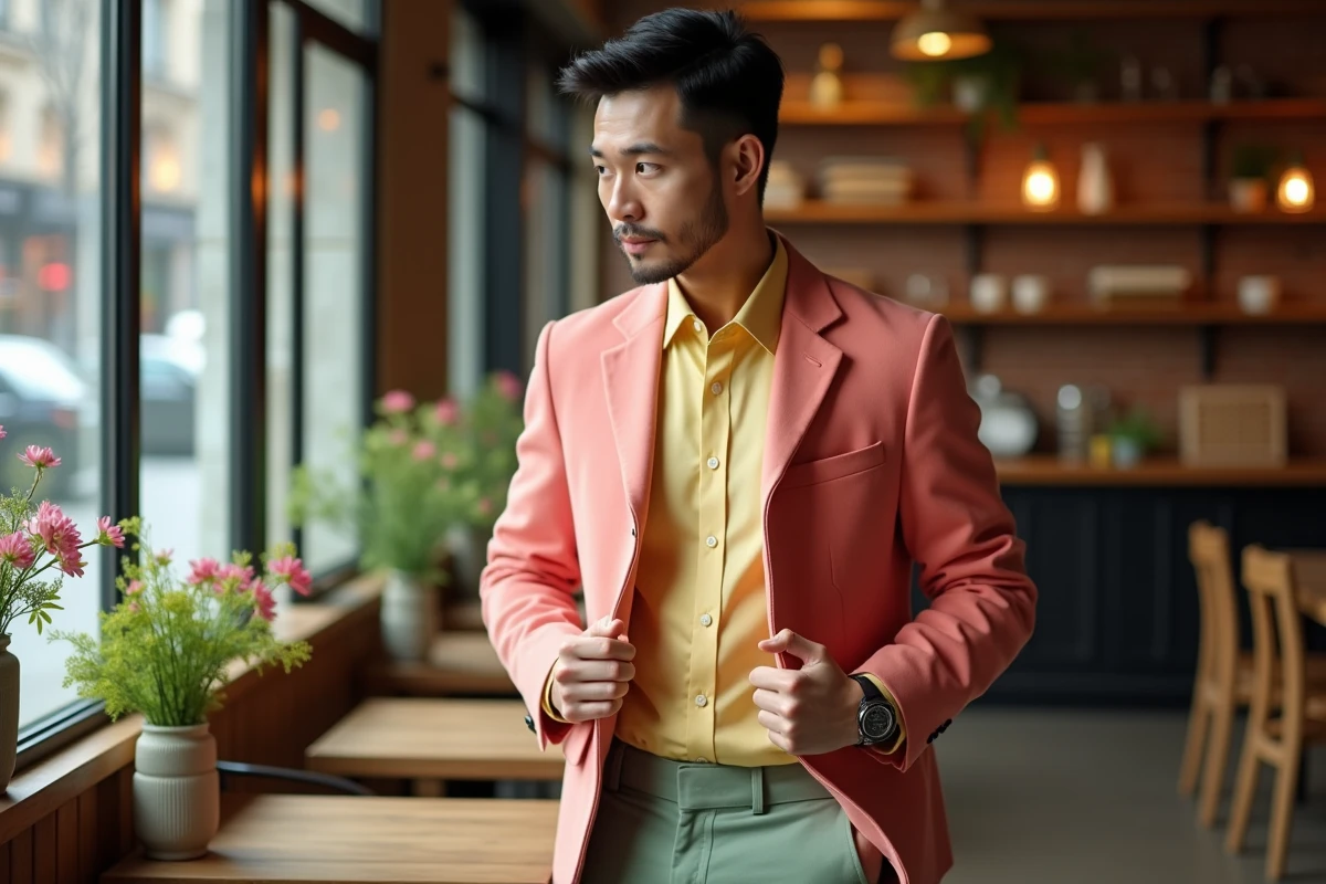 Homme ajustant sa veste dans un café intérieur