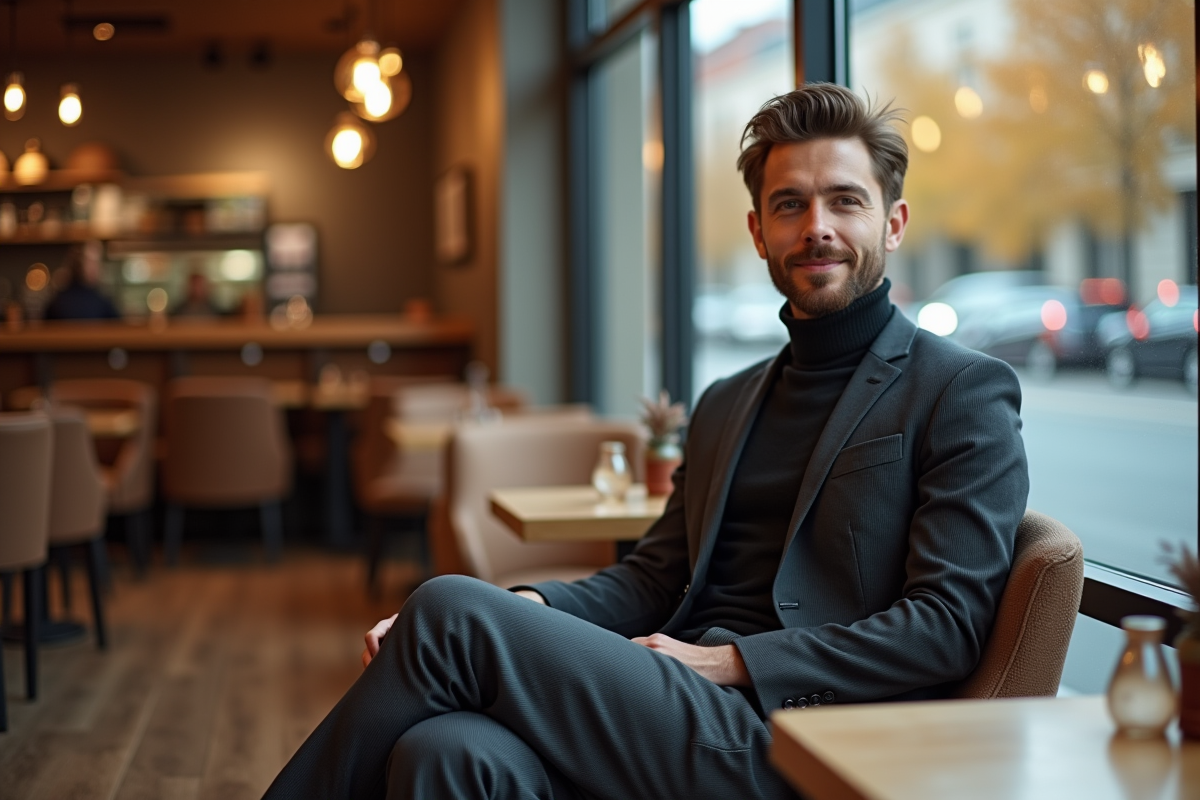 Homme en pantalon plissé et turtleneck dans un café moderne