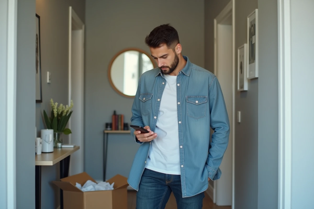Homme avec une chemise trop grande reçue par erreur lors d'une commande en ligne, tenant un formulaire de retour sur son téléphone