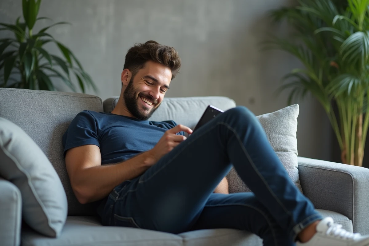 Homme consultant le site Clara Morgane sur smartphone dans un salon minimaliste moderne